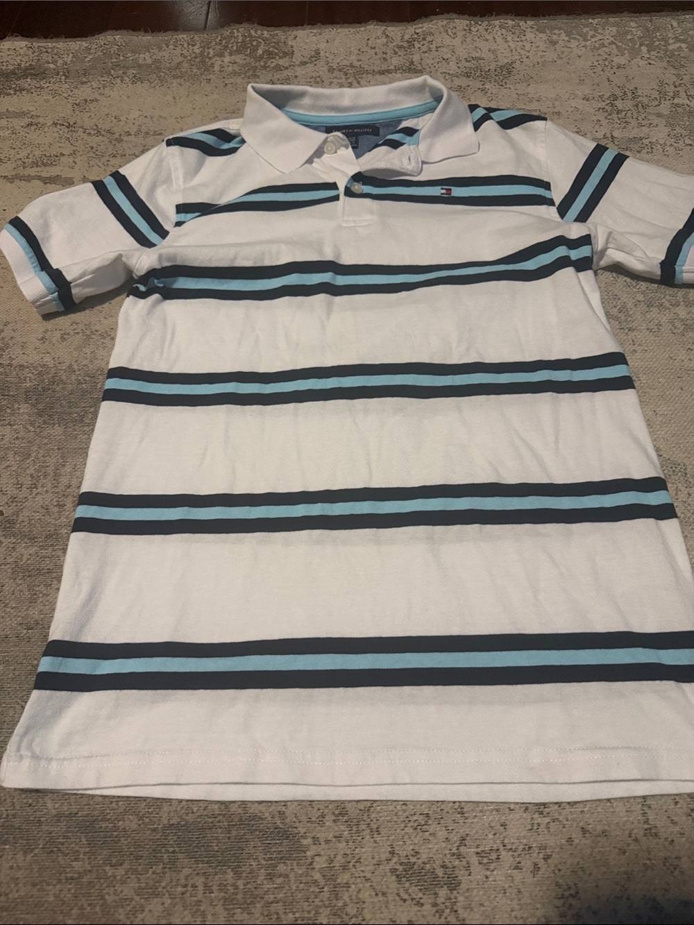 4/$15 Tommy Hilfiger White Polo with Navy and Light Blue Stripes